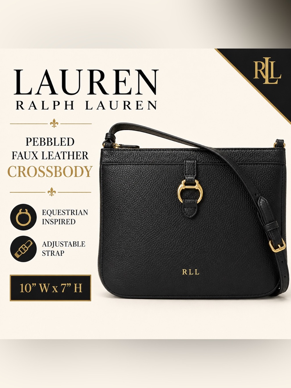 Lauren Ralph Lauren Black Pebbled Faux Leather Crossbody Bag Gold Tone